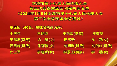 本溪市第十七届人民代表大会第三次会议主席团和秘书长名单（2024年1月9日本溪市第十七届人民代表大会第三次会议预备会议通过）
